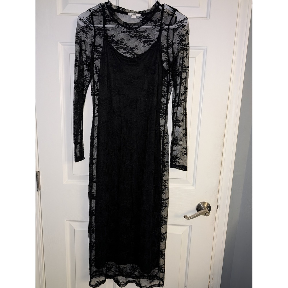 Bar III PS Black Floral Lace Sheer Midi Dress Whimsigoth Romance BlackLace